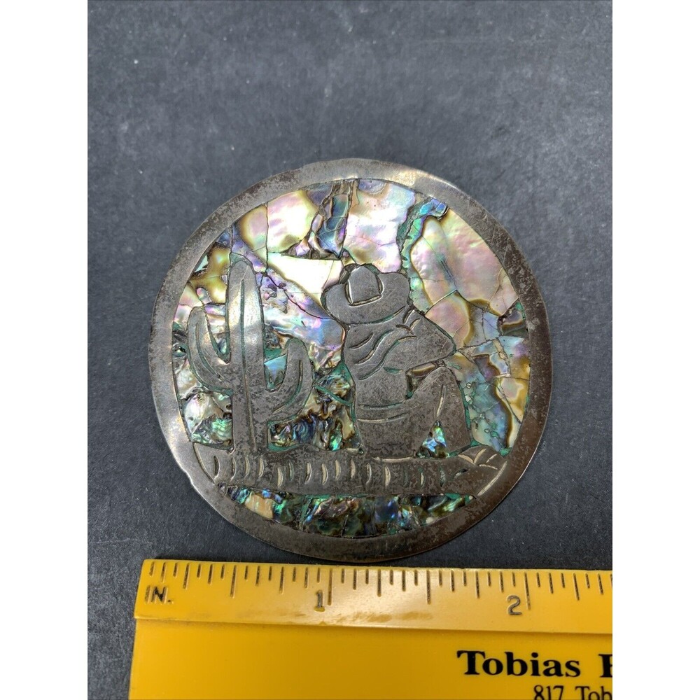 Sterling Silver Mosaic Abalone Shell Cowboy Design Brooch/ Pendant